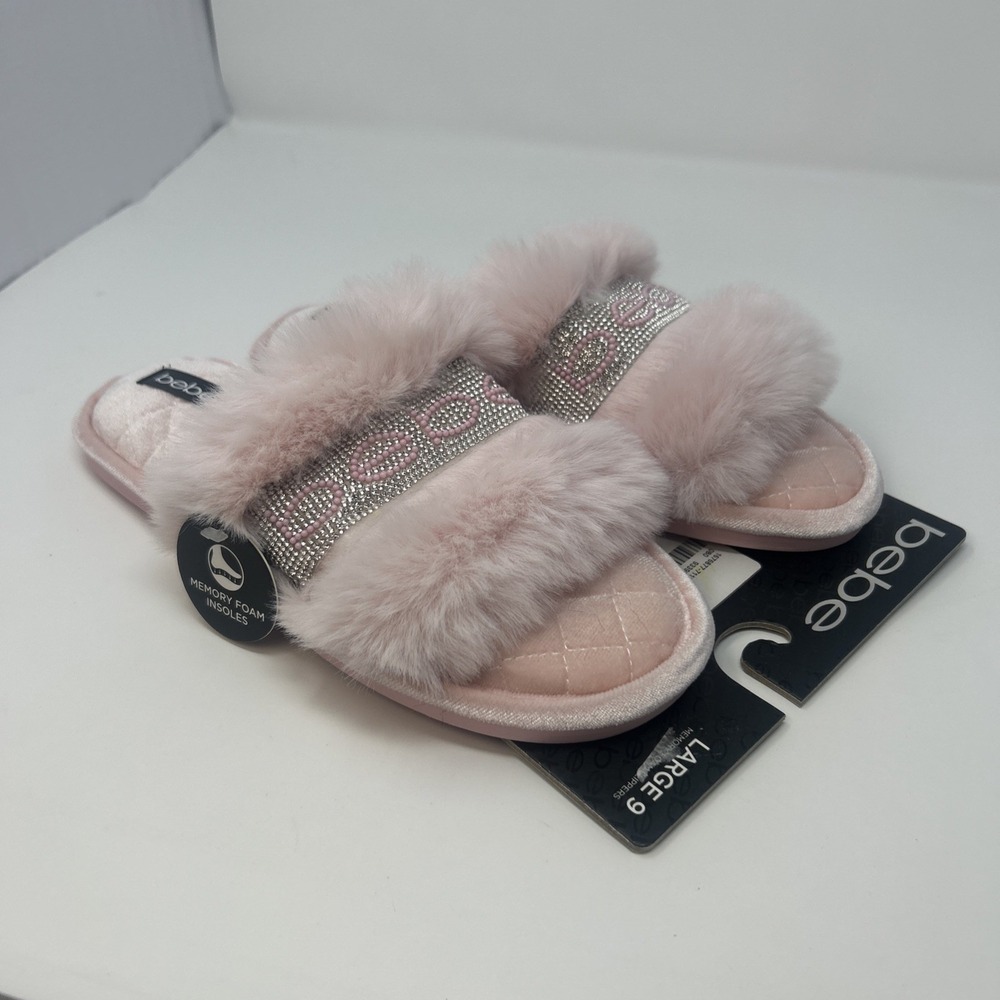 NEW Blush Pink BEBE Fuzzy Rhinestone Slippers Memory Foam Sz 9 Indoor/Outdoor